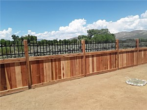 Custom Redwood Fence with Black Iron